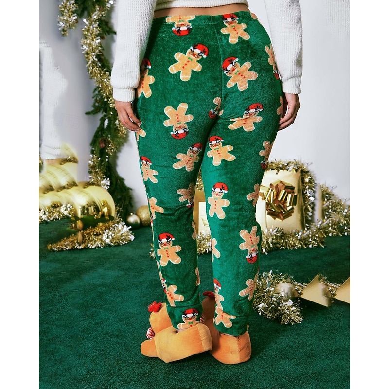 Women's Fleece Pants Chinos Vacation Vintage Streetwear Full Length Medium WaistPantsUgly Christmas Floral Elastic Waist Printing Comfortable Micro-elastic Stretchy Outdoor Vacation Home Green Summer4