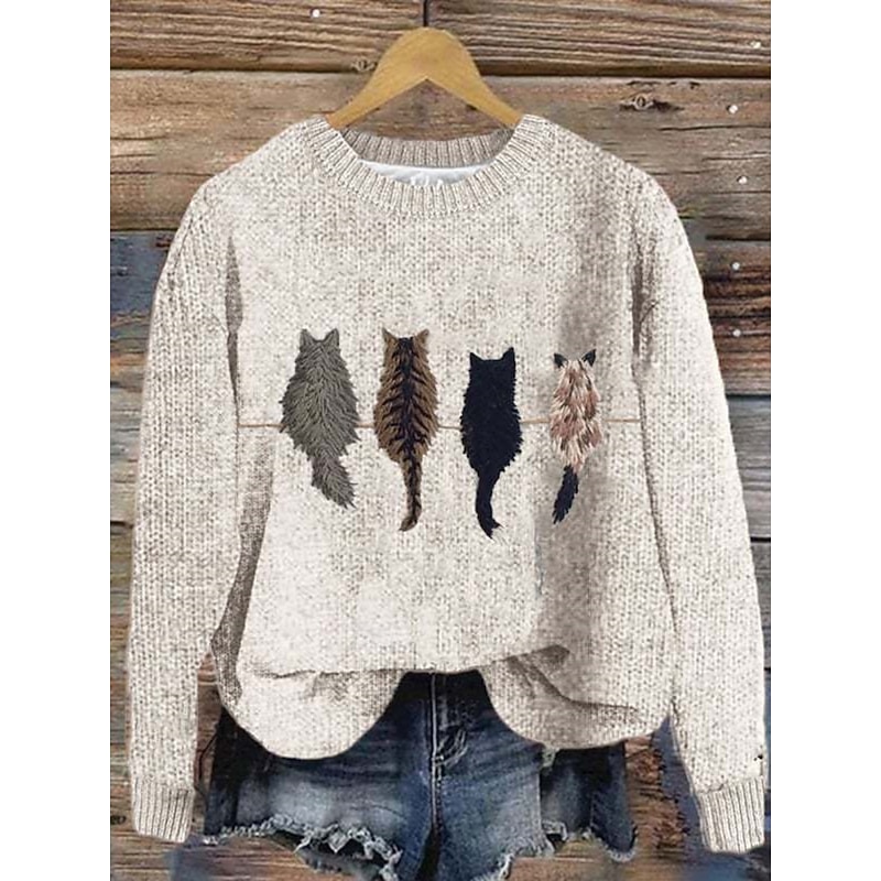 Women's Sweater Casual Soft Animal Ribbed Crew Neck Knitted Print Long Sleeve Regular Tops Knit Outdoor Daily Weekend Yellow Khaki Fall Winter3