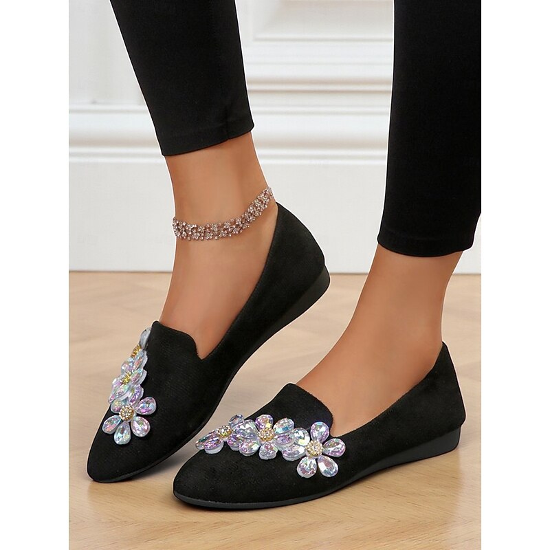 Women's Black Faux Suede Slip-on Shoes with Rhinestone Flower Embellishment – Elegant Comfort Shoes for Parties and Daily Wear2