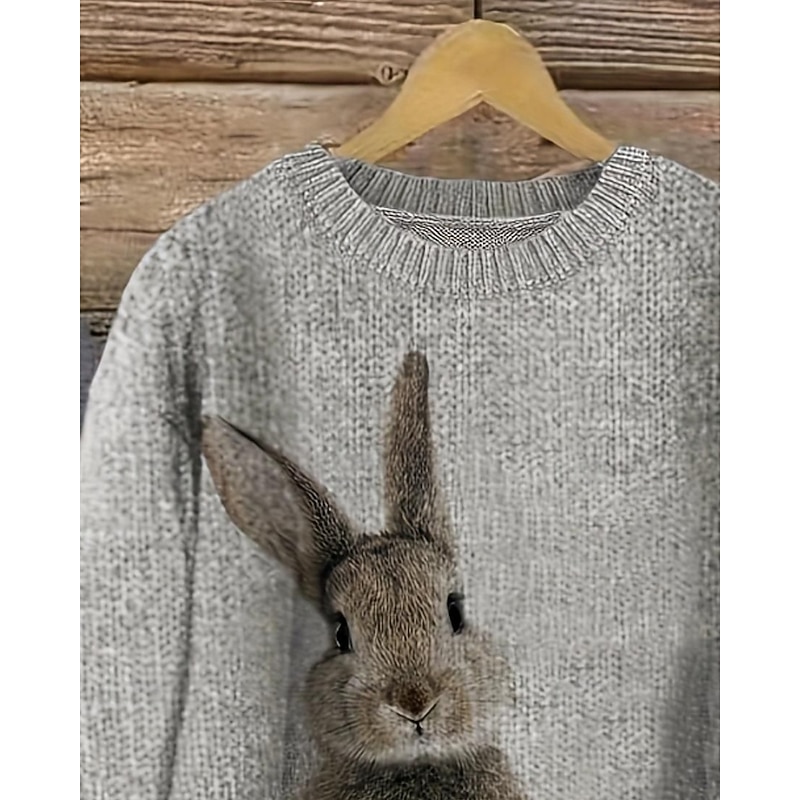 Women's Sweater Pullover Casual Animal Ribbed Crew Neck Knitted Long Sleeve Regular Tops Knit Daily Holiday Going out Gray Fall Winter2