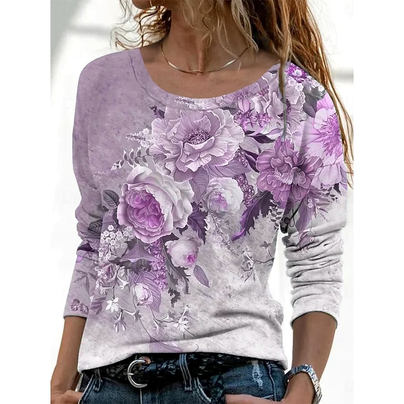 Women's T Shirt Ombre Floral Graphic Vintage Fashion Stylish Long Sleeve Round Neck Regular Tops Daily Weekend Print Yellow Pink Blue Purple Gray Spring Fall Winter2