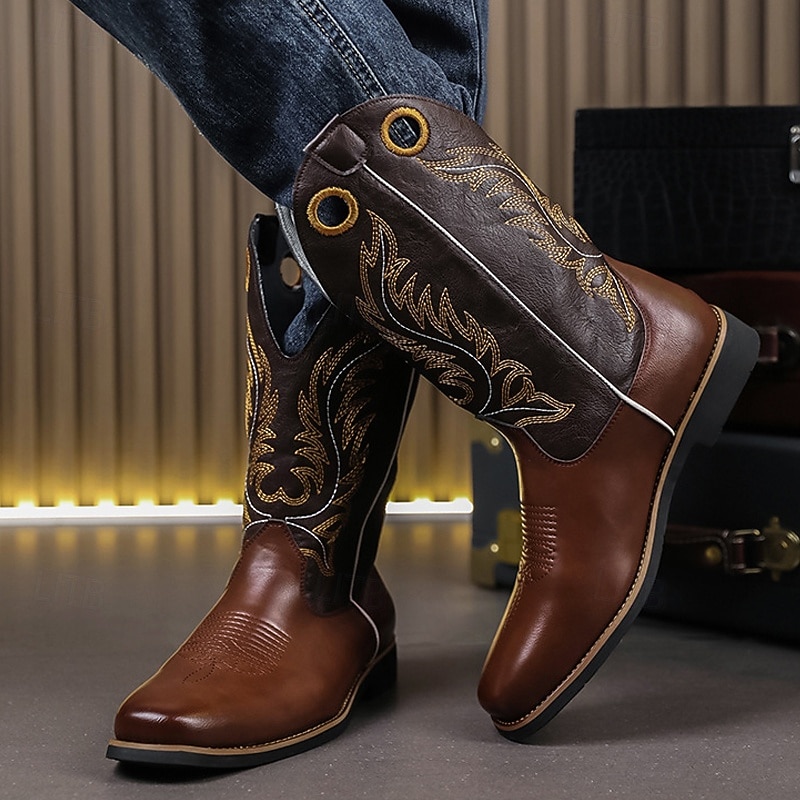 Men's Embroidered Faux Leather Cowboy Boots – Classic Western Riding Boots with Stitched Design for Outdoor, Country Dance and Casual Wear