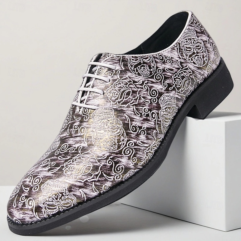 Men's Gothic Lace-Up Oxford Shoes – Metallic Silver Pattern with Mask Motif, Vintage Punk Style Dress Shoes for Parties, Halloween and Stage Performances
