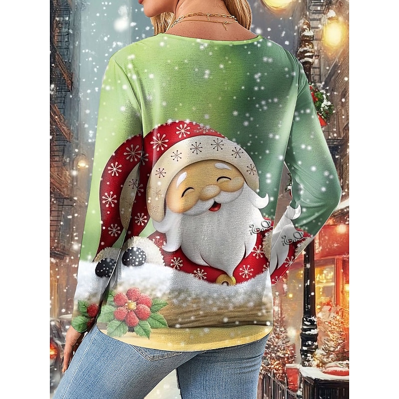 Christmas Women's T Shirt Graphic Santa Claus Vintage Fashion Stylish Long Sleeve Crew Neck Regular Tops Daily Weekend Print White Blue Green Gray Spring Fall Winter2