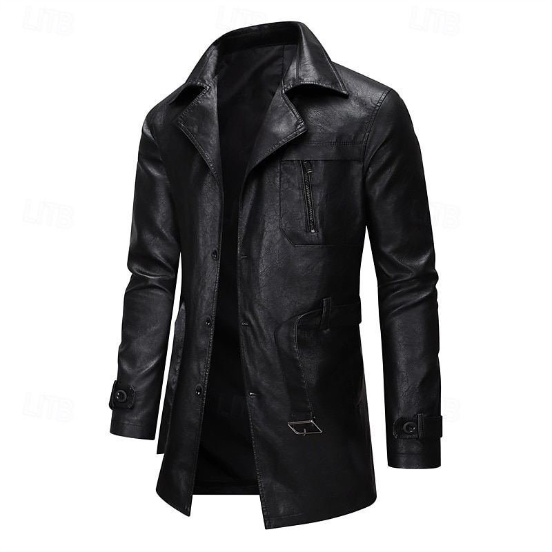 Men's Overcoat Trench Coat Long Trench Coat Vacation Daily Spring Fall PU Leather Windproof Outerwear Clothing Apparel Fashion Classic Plain Pocket Lapel Single Breasted