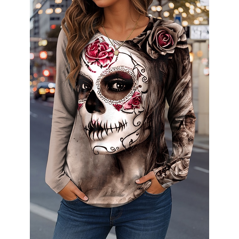 Halloween Women's T Shirt Skulls Graphic Fashion Casual Long Sleeve Crew Neck Regular Tops Daily Weekend Print Red Blue Purple Green Khaki Spring Fall Winter