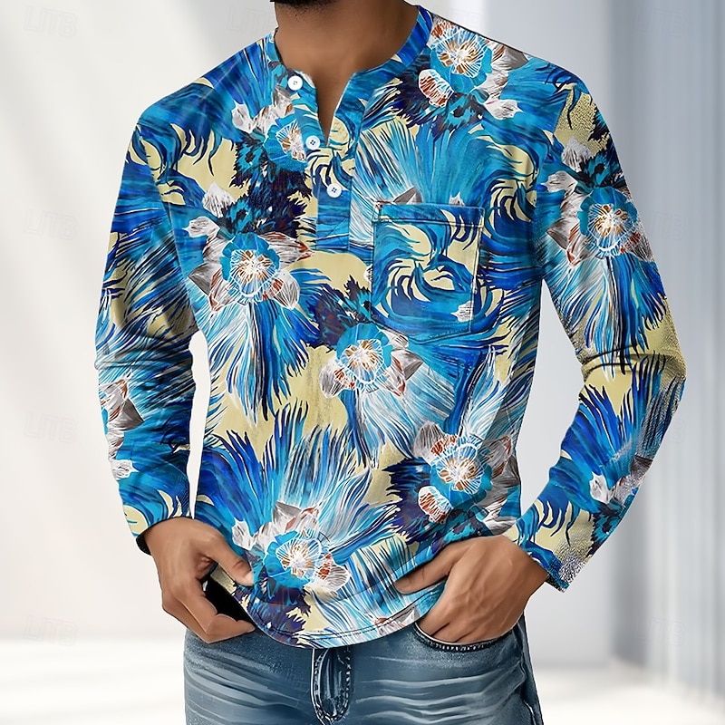 Men's Floral Print Henley Shirt T shirt Tee Long Sleeve Retro Vintage Casual Casual Spring Fall Blue Yellow Orange Henley Henley T-Shirt2