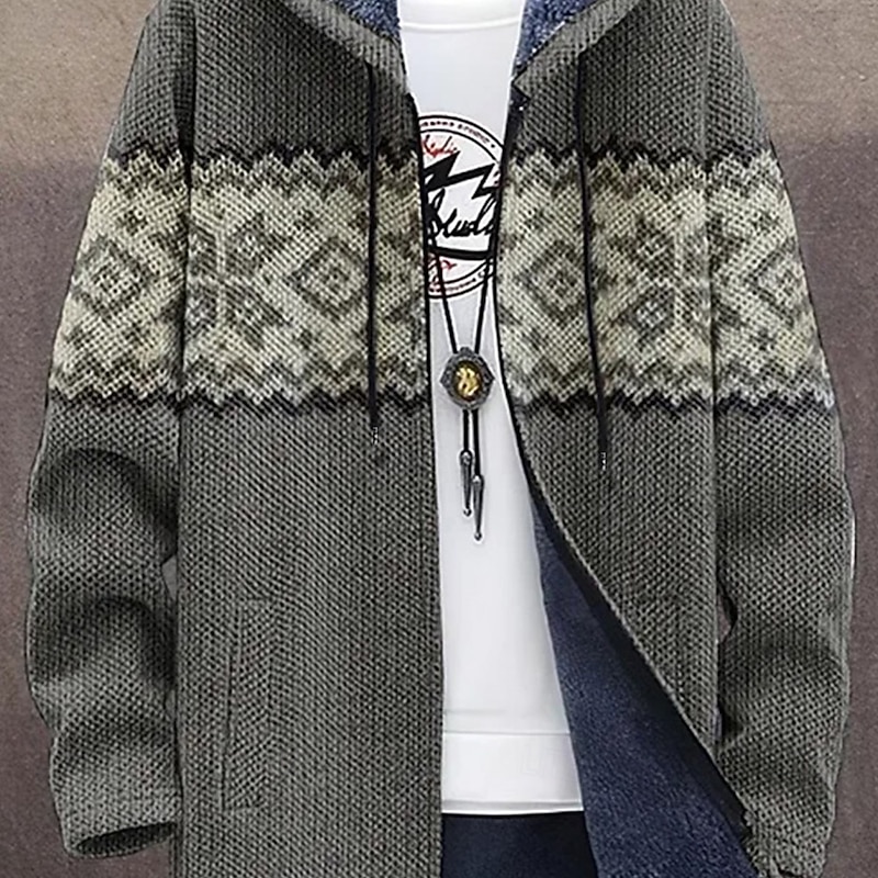 Men's Graphic Winter Coat Fleece Jacket Coat Thermal Warm Comfortable Casual Daily Wear Zipper Pocket 3D Print Fall Winter Hooded Long Sleeve Gray2