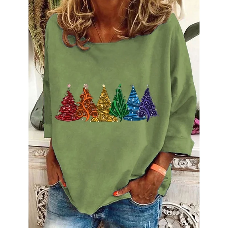 Christmas Women's T Shirt Graphic Christmas Tree Bohemia Vintage Fashion Long Sleeve Crew Neck Regular Tops Daily Weekend Print Black Pink Red Blue Green Spring Fall