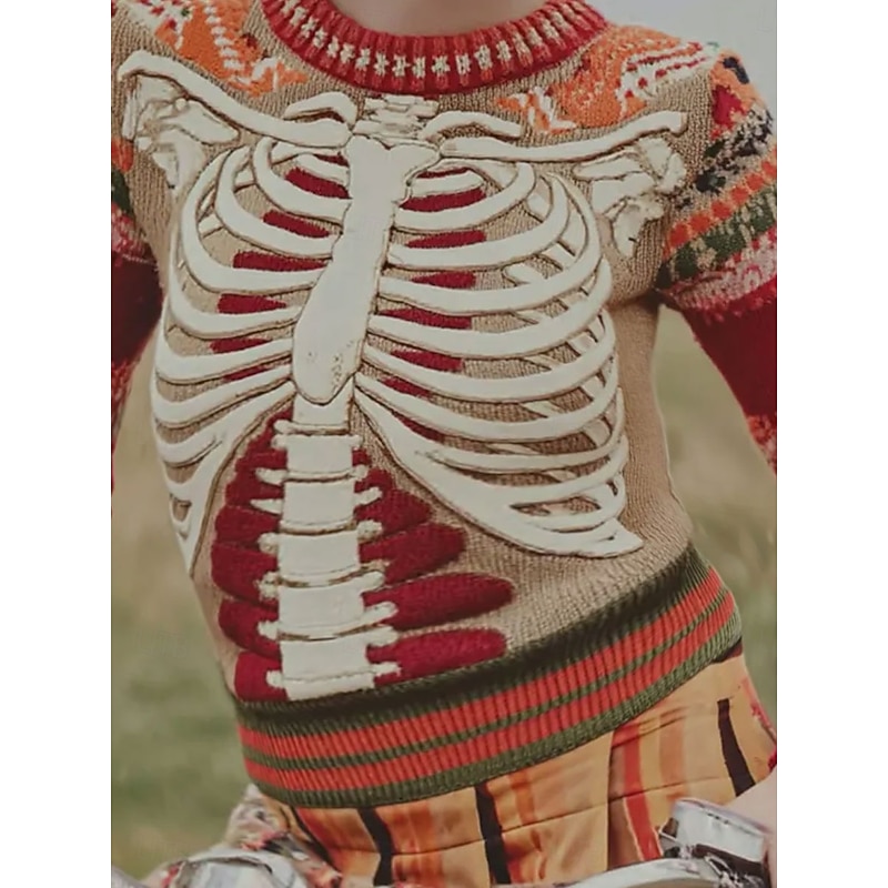 Halloween Women's Sweater Skeleton  Vintage Cute Streetwear Graphic Skeleton Crew Neck Patchwork Knitted Long Sleeve Regular Tops KnitRed Fall Winter3