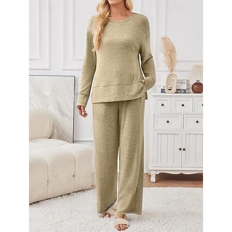 Women's Basic Pants Sets Long Sleeve Crew Neck Plain Patchwork Casual Black Brown Khaki Fall & Winter Loose Fit4