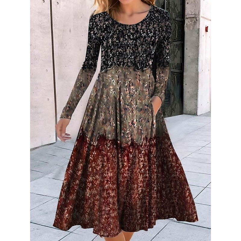 Women's Midi Dress A Line Dress Casual Daily Regular Fit Floral Geometric Long Sleeve Crew Neck Black Red Blue Purple Spring Fall4