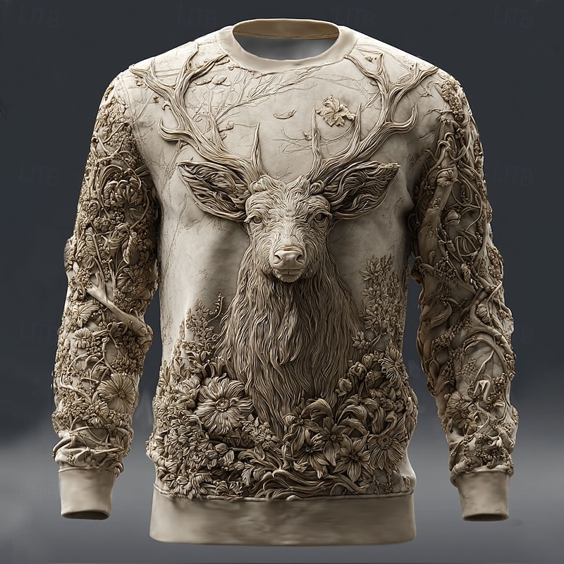 Men's 3D Print Deer Sweatshirt Casual Crew Neck Vacation Party Gift Green Khaki Crewneck 3D All Seasons Designer2