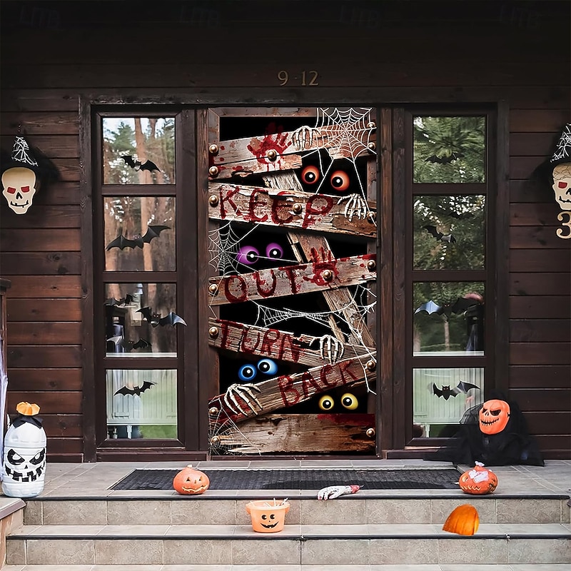 Halloween Door Cover Outdoor Banners Zombie Containment Unit Mummy 3D Dark Punk Gothic Style Party Outdoor Shooting Backgrounds Front Door Wall Porch Home Decor2