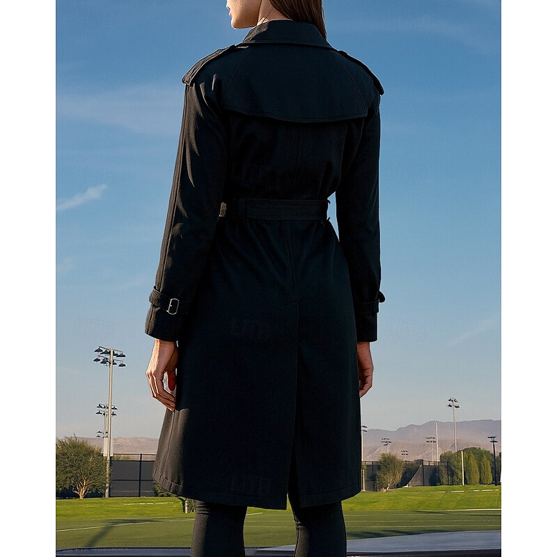 Women's Overcoat with Belt Double Breasted Long Trench Coat Classic Long Sleeve Top Athleisure Fall Solid Colored Cotton Windproof Outdoor Travel Vacation Sportswear Activewear Black Khaki Coffee2