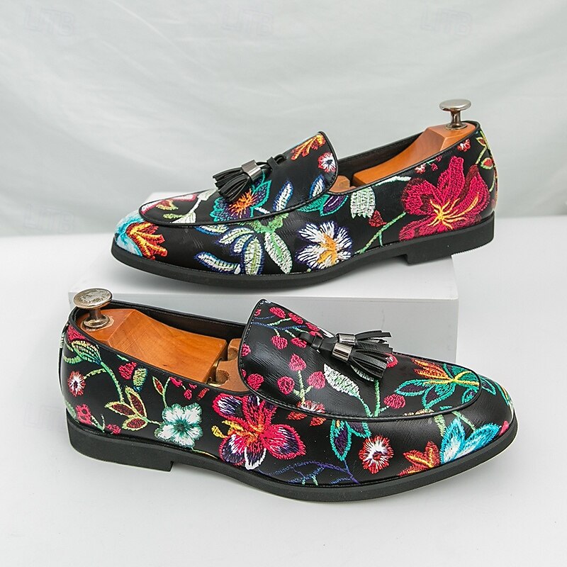 Men's Black Floral Embroidered Tassel Loafers – Colorful Slip-On Dress Shoes for Weddings, Proms, Cocktail Parties and Performances3