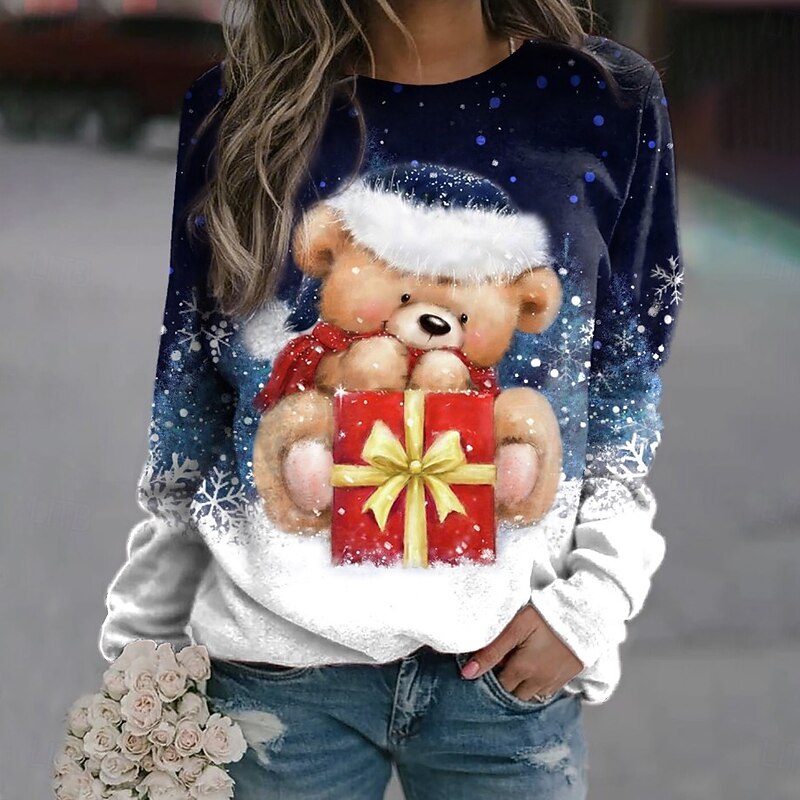 Women's Pullover Sweatshirt Hoodies Graphic Snowman Christmas Fashion Casual Long Sleeve Crew Neck Regular Tops Street Dailywear Casual Print Denim Blue Grass Green Navy Blue Blue Green Fall Winter4