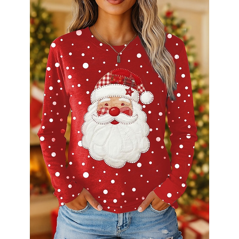 Christmas Women's T Shirt Graphic Santa Claus Vintage Fashion Stylish Long Sleeve Crew Neck Regular Tops Daily Weekend Print Black Red Blue Fall Winter2