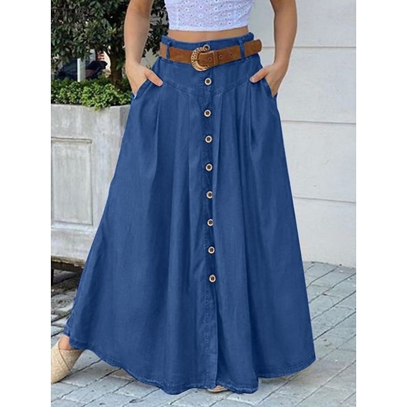 Women's Skirt A Line Fashion Casual Maxi High Waist Skirts Plain Pocket Micro-elastic Street Daily Black Red Royal Blue Spring Polyester