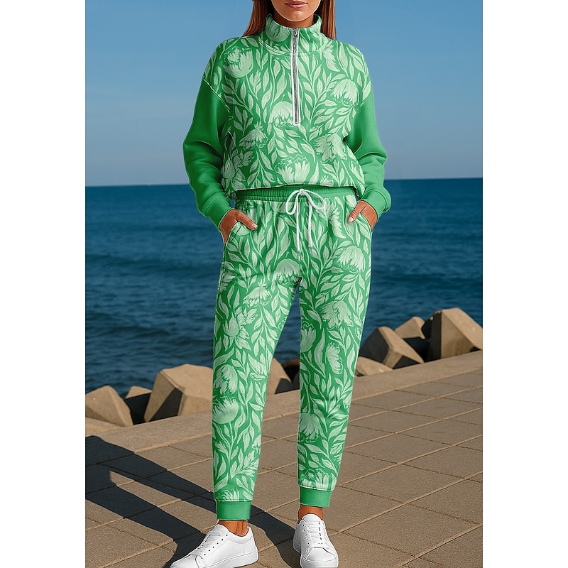 Women's Sweatshirt Tracksuit Activewear Set Baggy Floral Clothing Suit Fall Green Vocation Outdoor Travel Lightweight Fashion Long Sleeve Sport Activewear Stretchy Regular Fit
