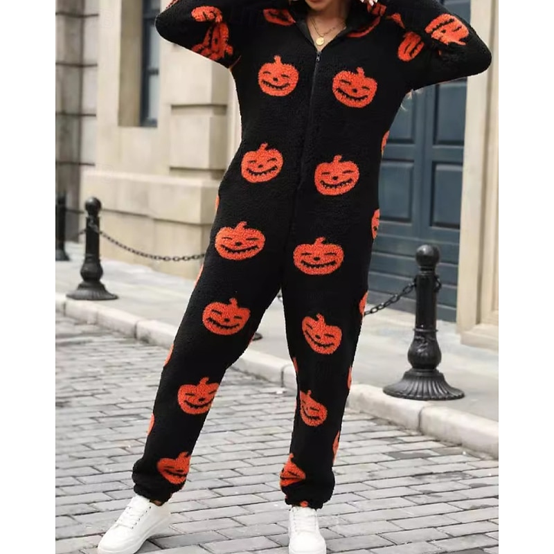 Women's Normal Jumpsuit Active Pumpkin Long Sleeve Hooded Zipper Print Vacation Halloween Regular Fit Black Fall4