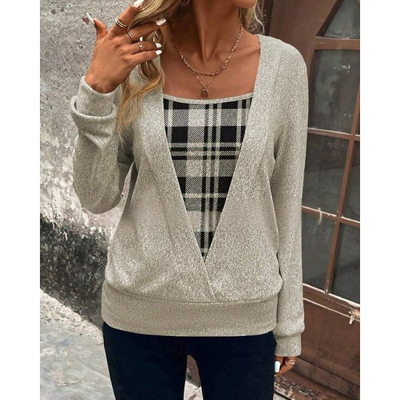 Women's Shirt Blouse Plaid Stylish Basic Casual Long Sleeve Square Neck Regular Tops Daily Holiday Print Khaki Spring Fall Winter