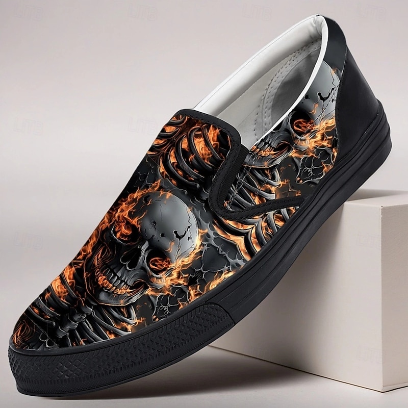 Men's Black Flame Skull Slip-On Sneakers Gothic Punk Style Casual Shoes for Halloween Events, Concerts, Street Fashion and Daily Wear2