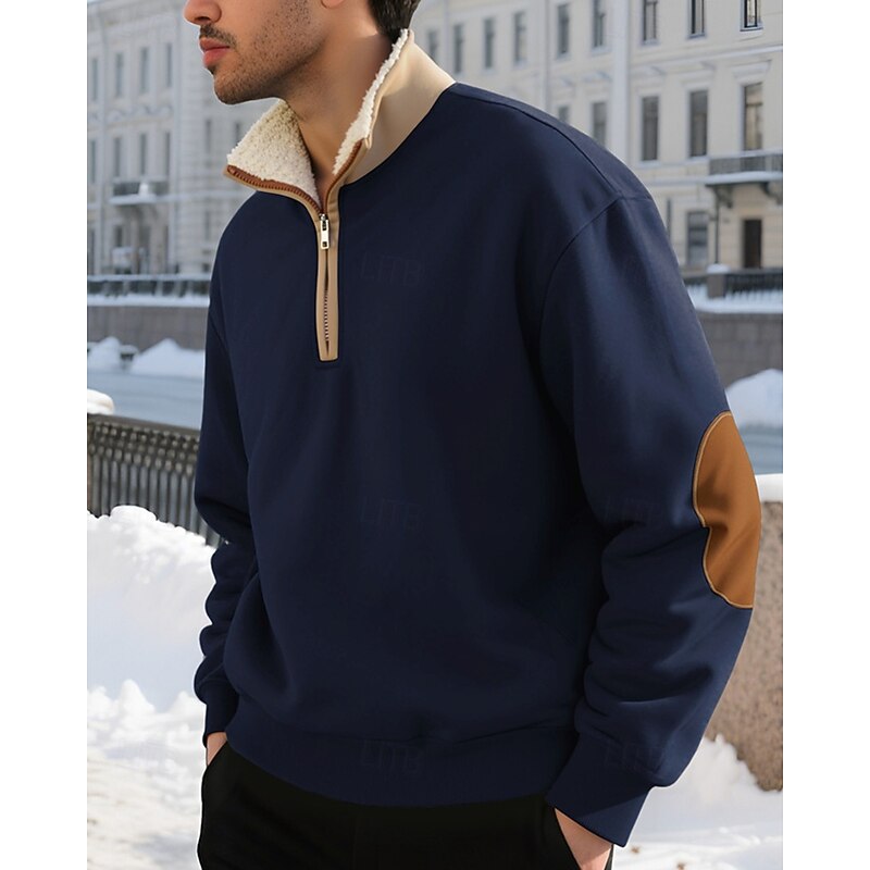 Men's Sweatshirt Fleece Sweatshirt Quarter Zip Sweatshirt Black Navy Blue Khaki Light Grey Dark Gray Standing Collar Color Block Patchwork Sports & Outdoor Daily Holiday Polyester Streetwear Basic3