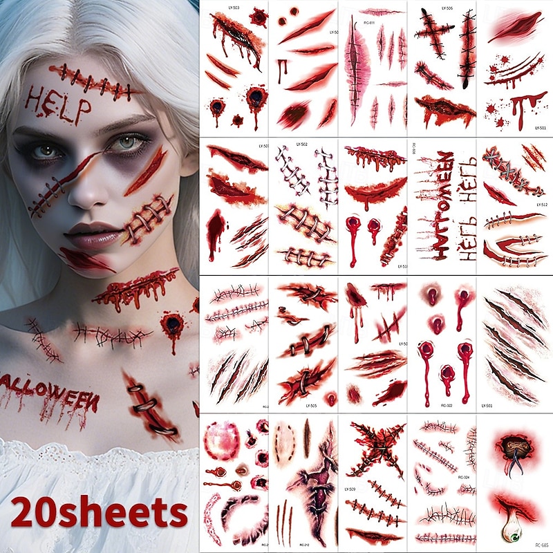 20pcs Halloween Funny & Scary Face Stickers for Adults Body and Facial Decorations Costume Party Pranks Spooky Face Stickers Costume Accessories Horror Makeup Gothic Decorations Easy Applicatio2