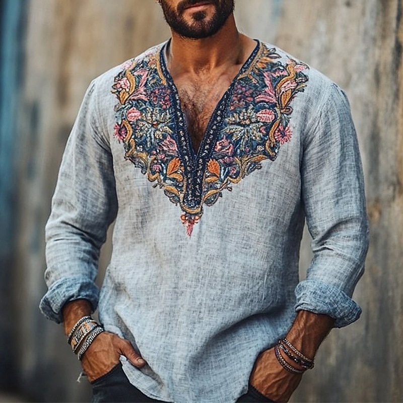 Men's Linen Shirt Summer Shirt Vintage Shirt Ethnic Shirt Long Sleeve Shirt Embroidered Vacation Street Blue Long Sleeve V Neck Summer Spring Clothing Apparel Medieval Knight