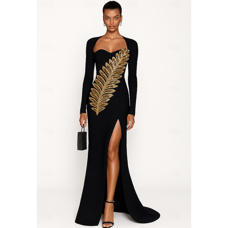 Black Gold Sheath / Column Evening Gown Elegant Formal Dress Formal Wedding Floor Length Long Sleeve Square Neck Stretch Crepe with Glitter 2025