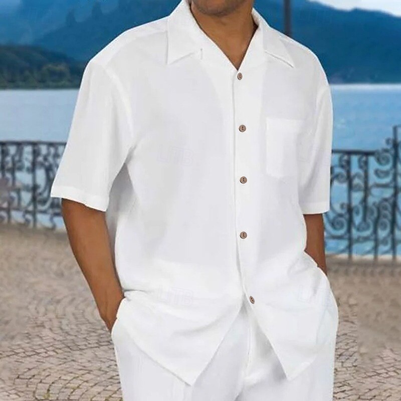 Men's Shirt Summer Shirt Casual Shirt Beach Shirt Button Up Shirt Black White Pink Blue Green Short Sleeve Plain Turndown Vacation Street Front Pocket Clothing Apparel Cotton Cotton Blend Fashion2