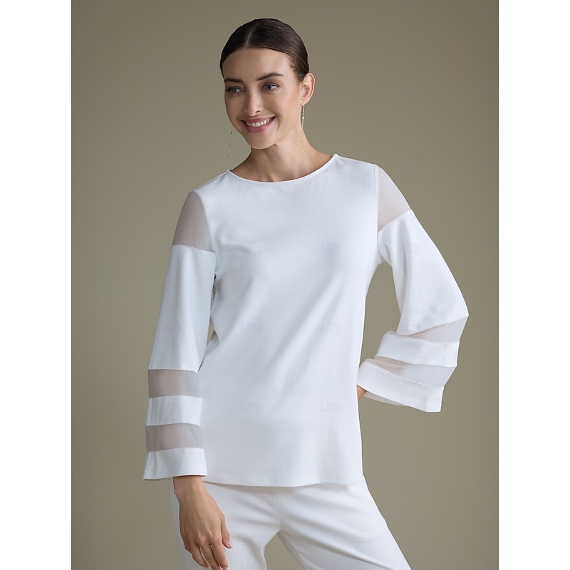 Women's Elegant White Modal Top Fitted with Sheer Chiffon Sleeves Stylish Lightweight Comfortable Daily Work Evening Fall