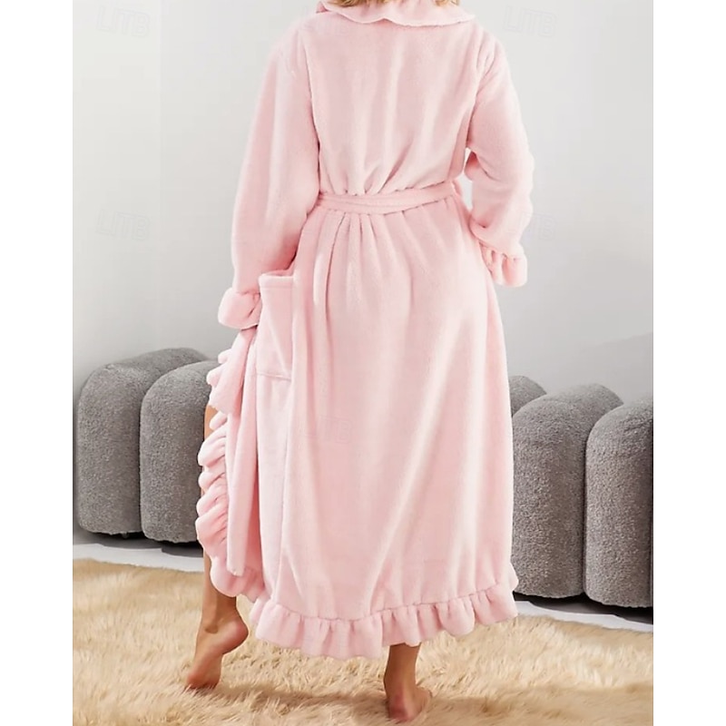 Women's Pajamas Robe Comfort Soft Pure Color Ruched Home Daily Bed Long Sleeve V Neck Pink Red Purple Beige Fall Winter4
