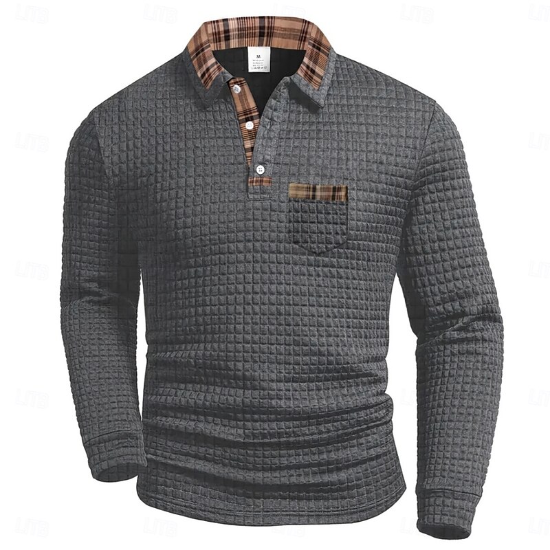 Men's Waffle Polo Shirts Golf Polos Shirts Business Casual Lapel Classic Long Sleeve Fashion Basic Solid Color Pocket Fall Winter Regular Fit Black White Navy Blue Army Green Gray Waffle Polo Shirts