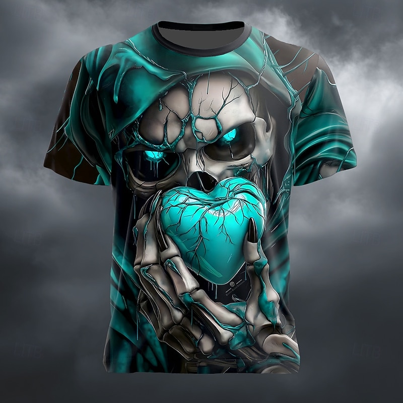 Halloween Men's Optical Illusion Grim Reaper 3D T Shirt Short Sleeve T shirt 3D Print Crew Neck Shirt Exaggerated Designer Horror Party Street Holiday Lake Blue Red Green Summer Spring All Seasons3