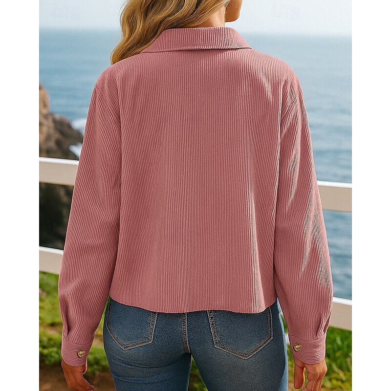 Women's Lounge Croppped Jacket Corduroy Jacket Buttons Long Sleeve Top Athleisure Fall Solid Colored Outdoor Travel Sports Sportswear Activewear Black Pink Khaki2