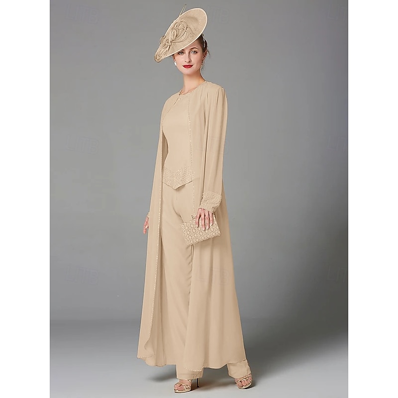 Beach Wedding Pantsuit 3 Piece Mother of the Bride  Formal Wedding Guest Elegant Plus Size Wrap Included Bateau Neck Floor Length Chiffon Long Sleeve Wrap Included with Beading4