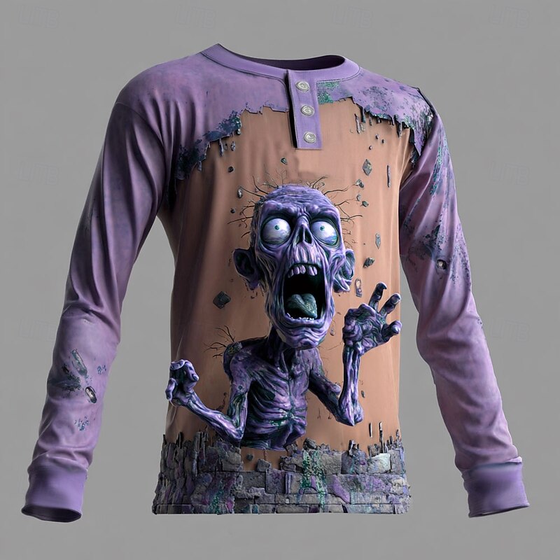 Men's Halloween Zombies Henley Shirt Long Sleeve Fashion Cute Daily Casual Holiday Going out Fall Spring &  Fall Blue Green Purple Khaki Henley Henley T-Shirt4