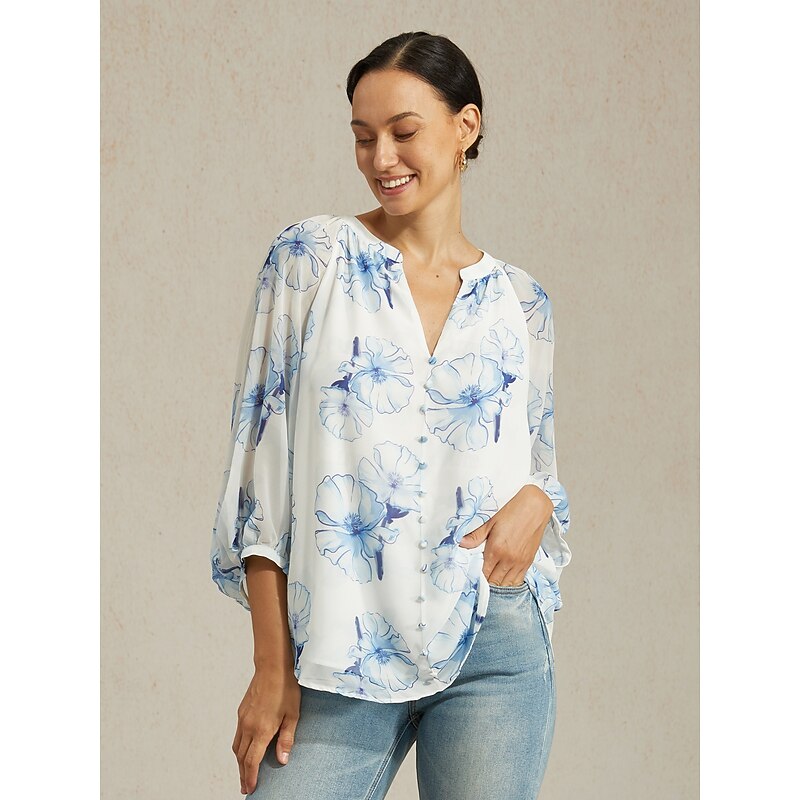 Women's Chiffon Blouse Ink Floral Print Elegant Casual Office Spring Summer Fall4