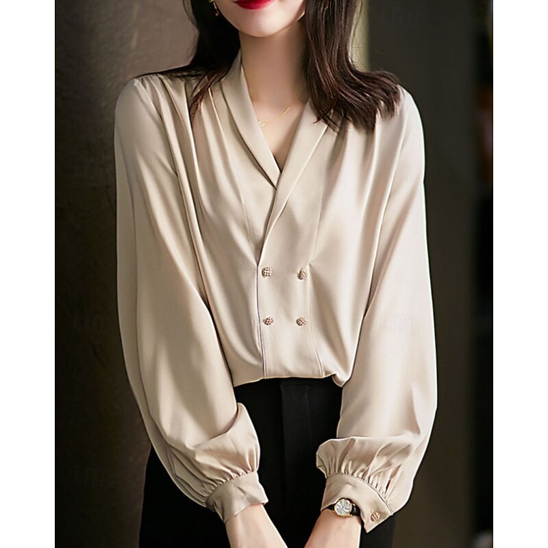 Women's Shirt Dressy Blouse Plain Active Stylish Long Sleeve Shirt Collar Regular Tops Holiday Going out Ruched Apricot Spring Fall2
