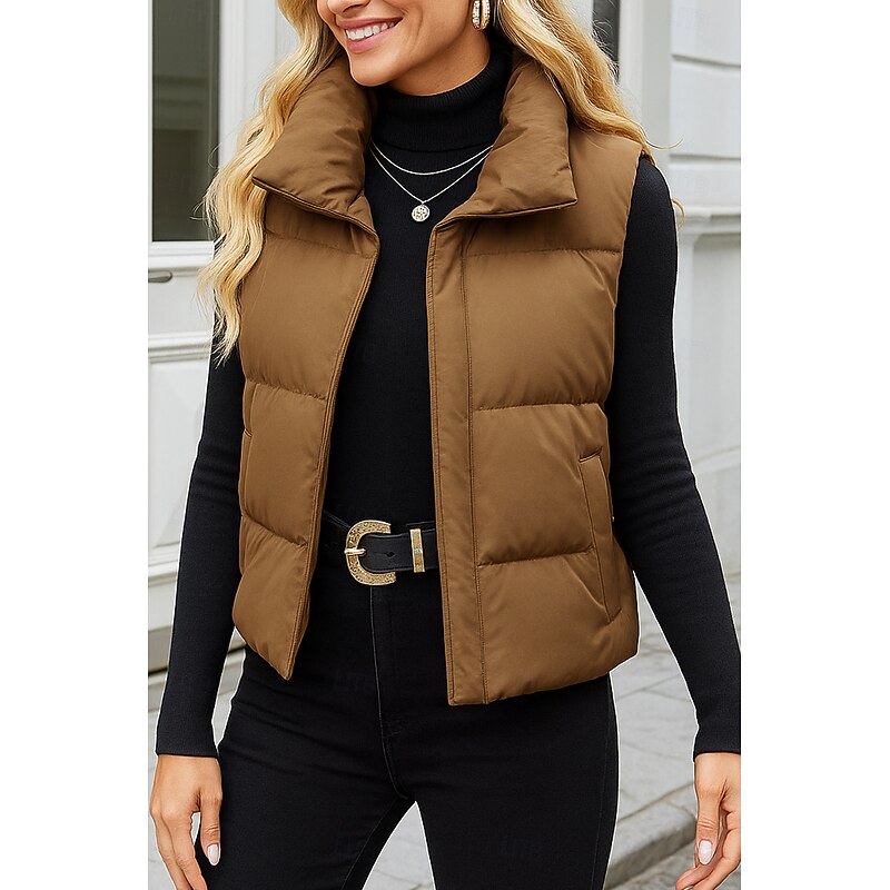 Women's Vest Comfortable Breathable Pocket Casual Plain Vacation Street Casual Daily Wear Zipper Short Stand Collar Loose Fit Sleeveless Outerwear Black White Khaki Spring Fall2