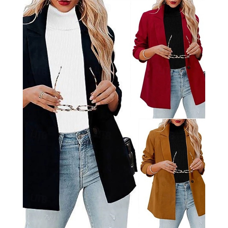 Women's Blazer Comfortable Buttons Elegant Fashion Outdoor Plain Going out Casual Daily Weekend Cardigan Regular Lapel Regular Fit Long Sleeve Outerwear Black Red Brown Spring Fall