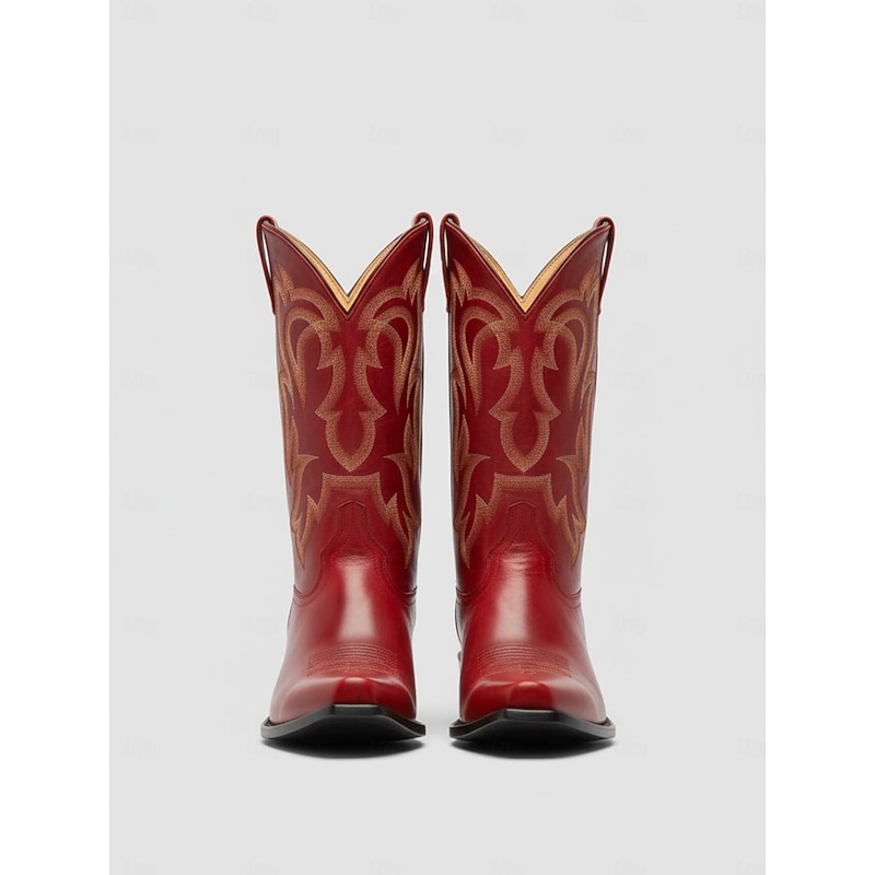 Women's Red Leather Cowboy Boots with Embroidered Western Pattern - Stylish Urban Fashion Footwear for Trendy Outfits3