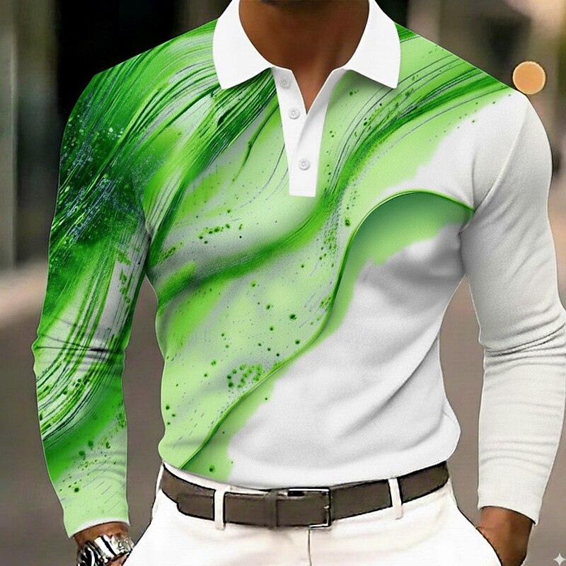 Men's Abstract Geometic Polo Long Sleeve Polo Shirts Lapel Business Casual Outdoor Athleisure Daily Wear 3D Print Buttons Spring Fall Winter Blue Gold Green3