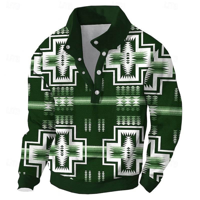 Men's Patchwork Bandana Print Sweatshirt Ethnic Vintage Retro High Neck Vacation Going out Black Red Buttons Fall Winter Designer4