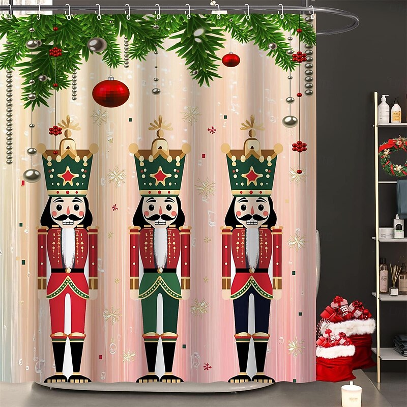 Christmas Shower Curtains Nutcracker Christmas Tree Ornament Balls Christmas Stockings Modern Waterproof Polyester Fabric Bathroom Home Decoration with Hooks Holiday Winter Festive Seasonal Decor3