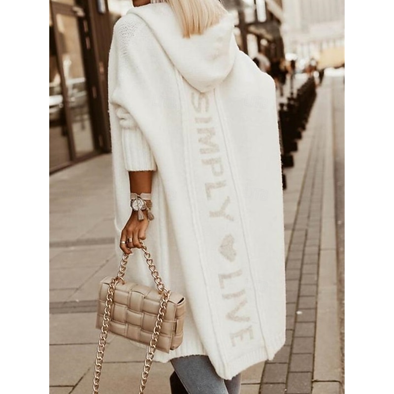 Women's Sweater Cardigan Elegant Fashion Streetwear Letter Hooded Knitted Print Long Sleeve Regular Tops Knit Outdoor Daily Weekend Black Dark Green Fall Winter