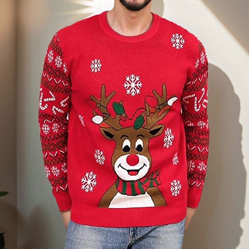 Christmas Men's Elk Geometic Pullover Sweater Jumper Fair Isle Sweater Knitwear Crewneck Casual Vacation Daily 3D Print Keep Warm Long Sleeve Spring Fall Winter Red -1 Red -2 Red -33