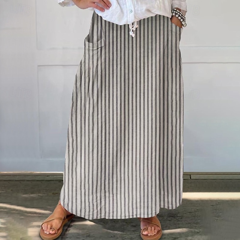 Women's Skirt Casual Maxi Mid Rise Skirts Striped Pocket Micro-elastic Vacation Street Sky Blue Brown Beige Grey Spring Polyester3